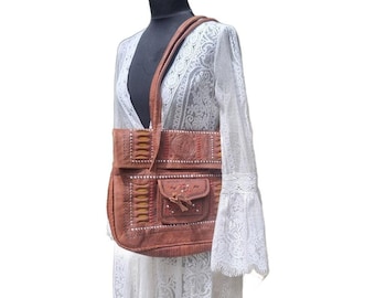 Bolso tote de cuero repujado hecho a mano: bolso de hombro bohemio marroquí