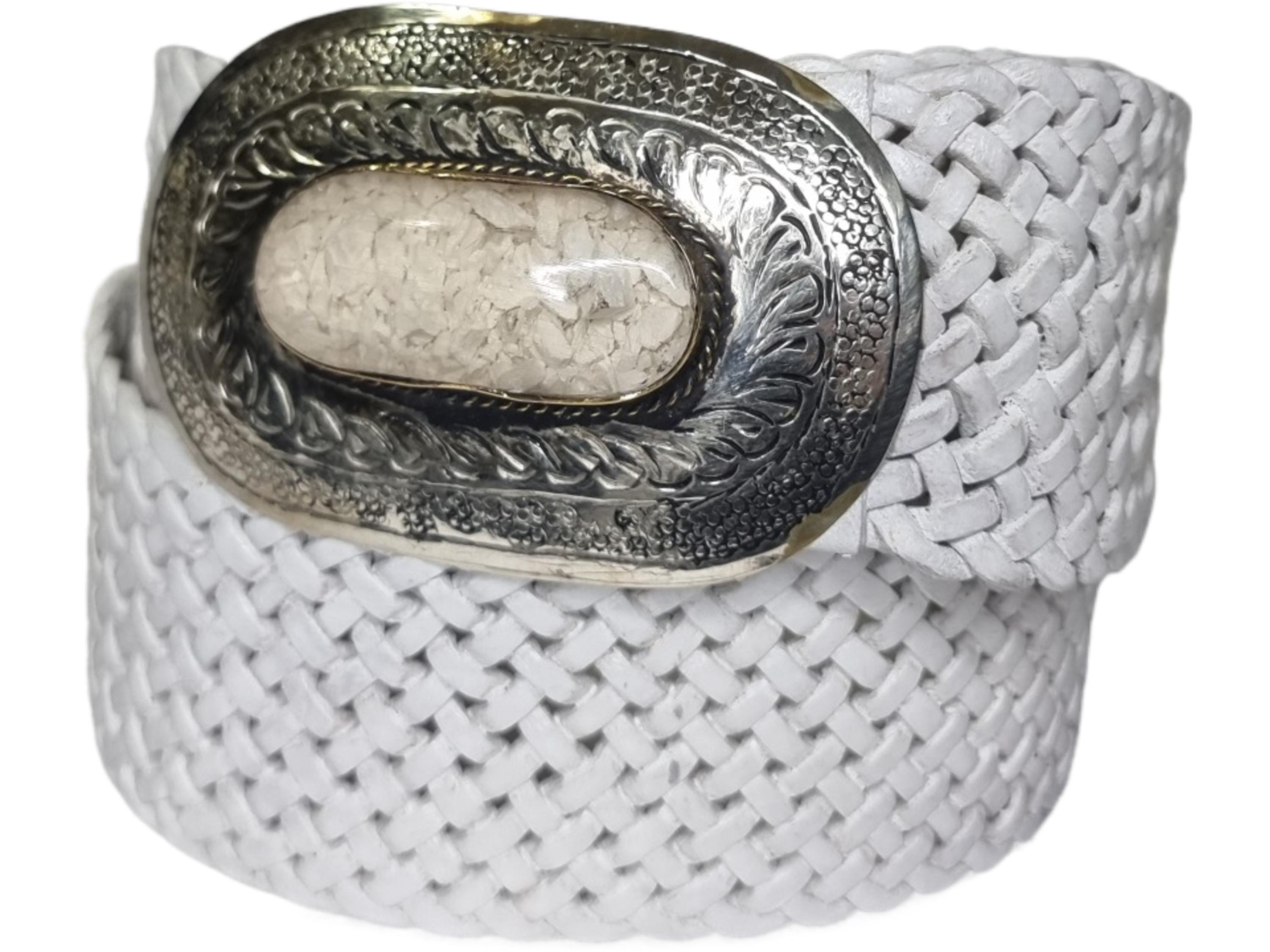 Woven White Leather Boho Belt: Silver Buckle, Moroccan 