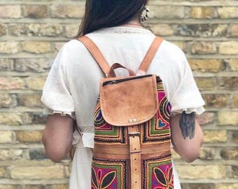 Leather Backpack, Handmade Floral Painted Rucksack, Boho  display picture 1
