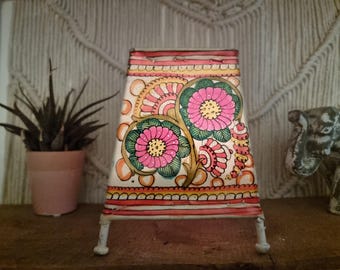Hand-Painted Floral Lampshade: Boho Indian Tribal Art, Leather Art, Flower Table Lamp