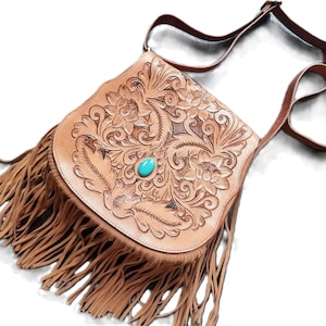 Tooled Leather Crossbody Bag: Western Floral Fringe Purse with Turquoise