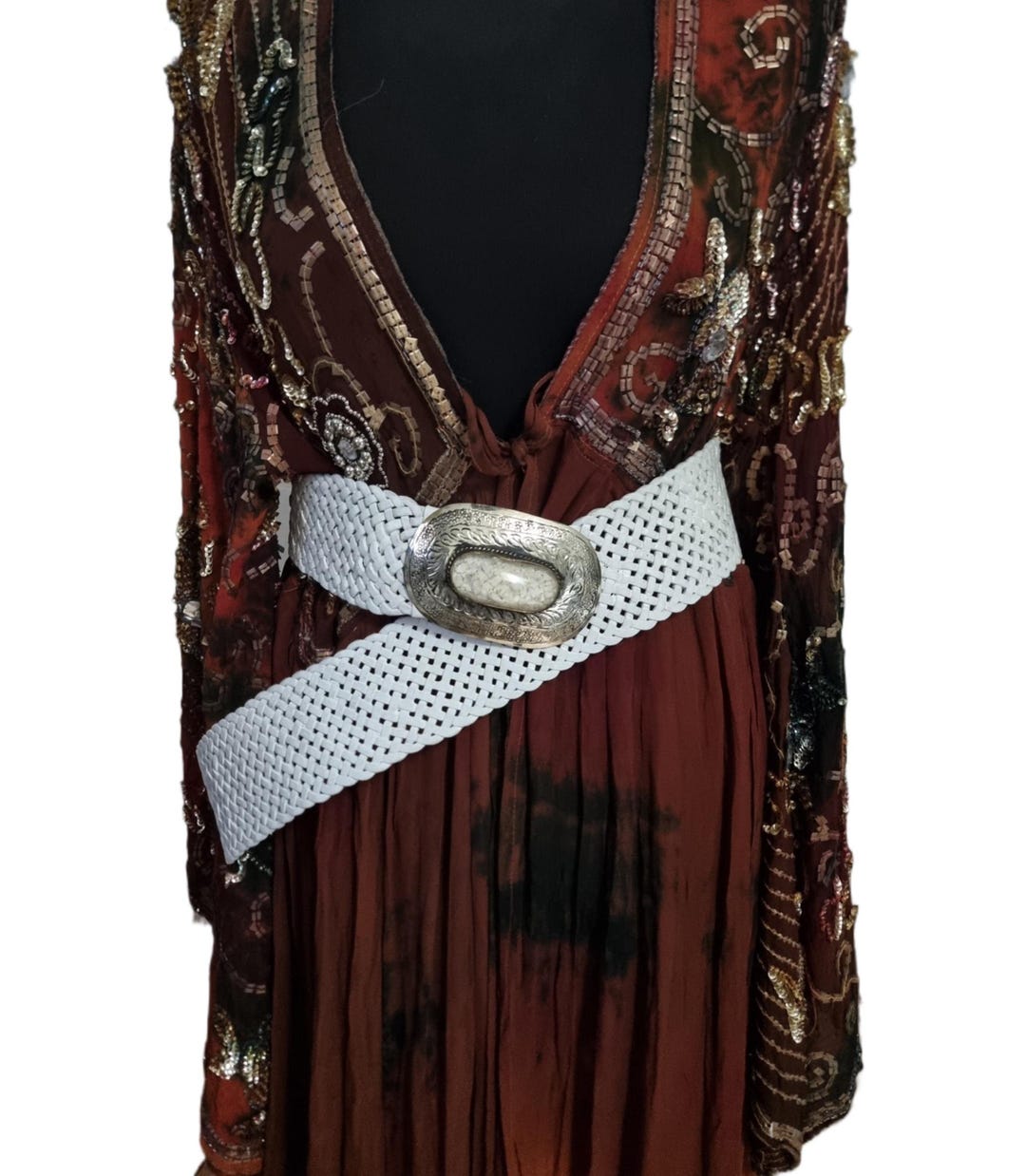 Woven White Leather Boho Belt: Silver Buckle, Moroccan  display picture 2