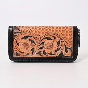 Hand Tooled Leather Wallet: Vintage Western Floral, Zippered Coin Purse