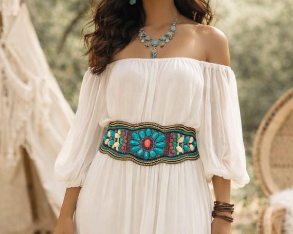bohemian belt for dress Boho Beaded Waist Belt, Elastic Festival Belt, Turquoise Floral Hippie Belt, Vintage Style Stretch Waist STEM dress women dress velvet midi Silk Satin Colors:Black 514 Its been made from