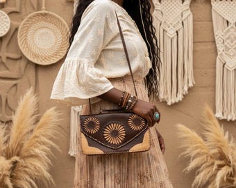 Vintage Tooled Leather Bag, Tribal Leather Purse, Boho Crossbody Bag, African Leather Handbag, Brown Artisan Satchel