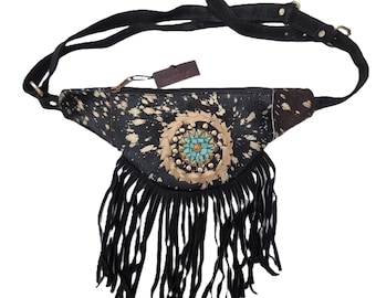 Riñonera de piel de vacuno: bolso de festival bohemio con flecos