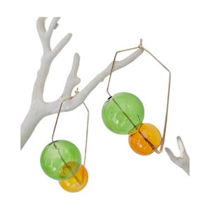 Geometric clear glass earrings, minimalist gold hoop earrings, transparent glass balls, art deco jewellery gift for her