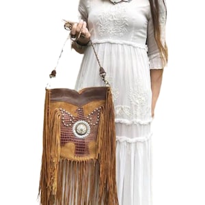 Tooled Leather Fringe Crossbody Bag: Western Eagle Design