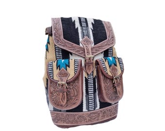 Aztec leather backpack - navajo blanket western bag - tooled leather rucksack for women - large country festival purse
