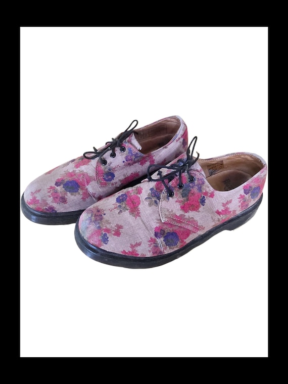 Floral Lace Up Shoes, Vintage Boho Footwear, Hippie Flower Boots, Leather Fabric Shoes, Retro 90s Style, EU 39 UK 6 US 8