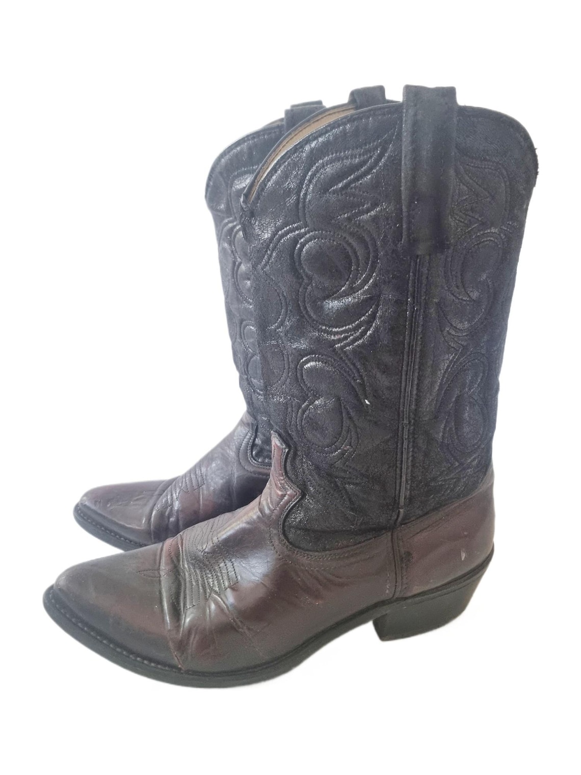 Leather Cowboy Boots 9.5, Vintage Western Footwear, Two Tone Oxblood Boots, Rustic Mid Calf Boots for Women & Men, foto 3 di 5