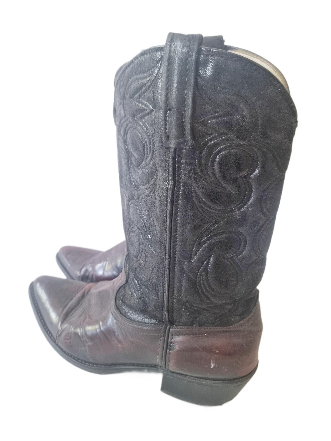 Leather Cowboy Boots 9.5, Vintage Western Footwear, Two Tone Oxblood Boots, Rustic Mid Calf Boots for Women & Men, foto 4 di 5