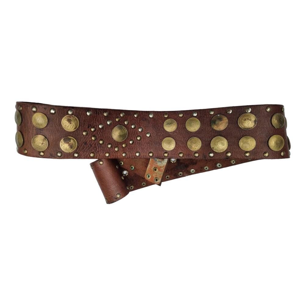 Vintage Leather Coin Belt Brass Bronze Algerian Moroccan French Coins 80s Punk Large Vintage Handmade Leather Brass Travel Studded French  main image 3