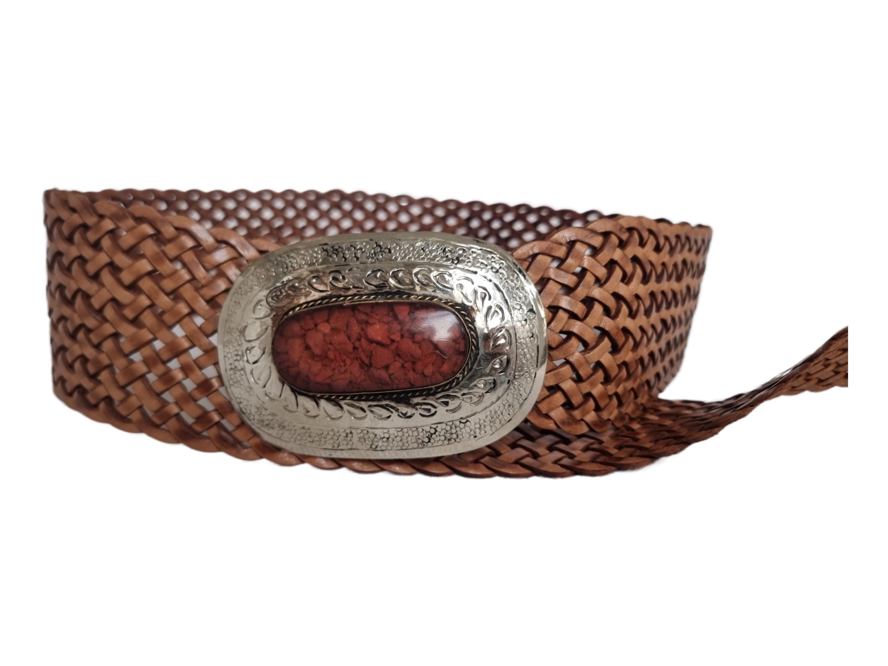 Wide Braided Leather Belt: Silver Western Buckle, Boho Style 
