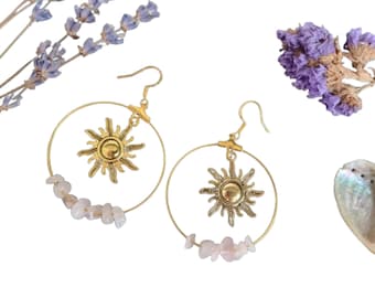 Orecchini sole dorati: cristallo di quarzo rosa, gioielli Wicca Boho