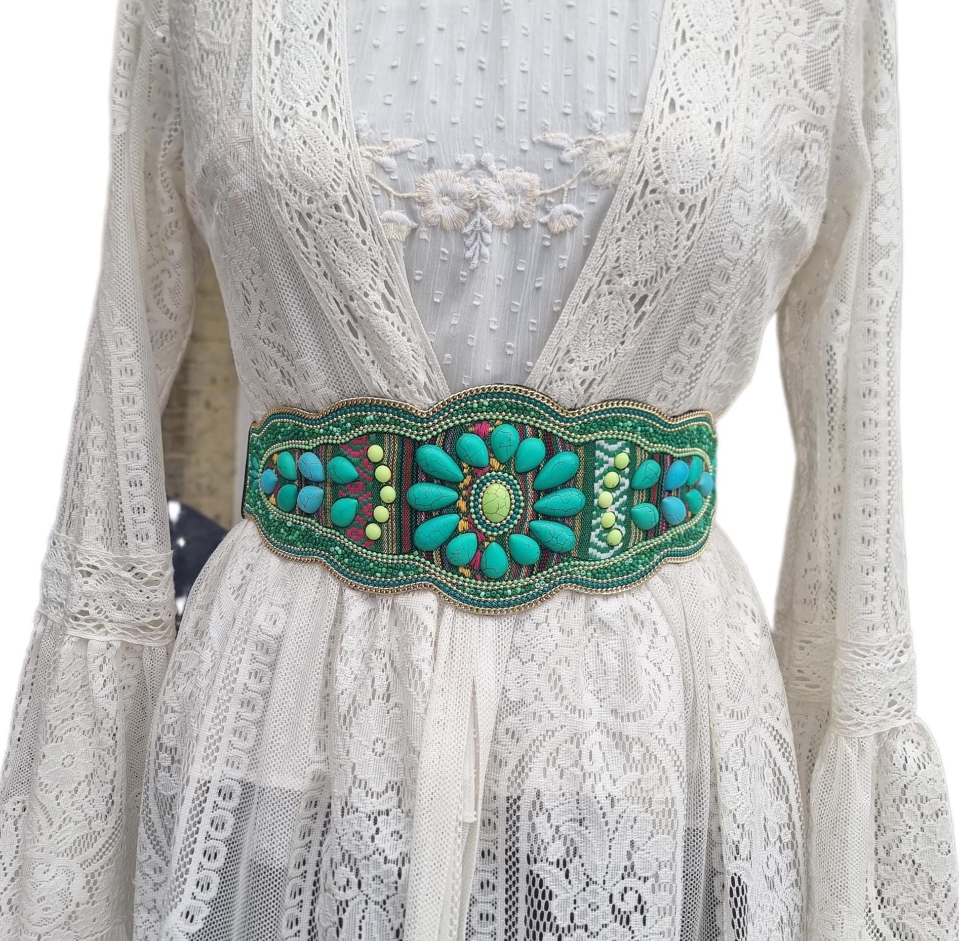 Vintage Beaded Stretch Belt Turquoise Wood Hook Western Boho 26”-34” Beaded Belt - Turquoise Sand — Yonder Horse main image 4