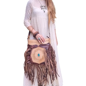 Hand Tooled Leather Fringe Crossbody Bag: Turquoise Stone, Western Boho