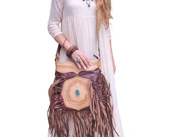Bolso bandolera con flecos de piel repujada a mano: turquesa, estilo bohemio occidental