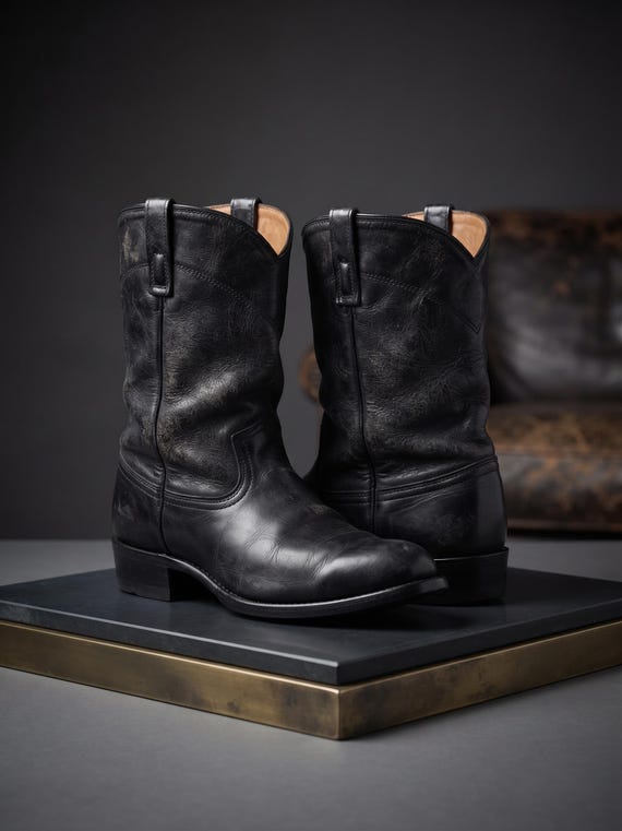 Vintage Black Leather Biker Boots 7 8, Unisex Western Cowboy Boots 41 42, USA Made Riding Boots, Pull On Work Boots, Classic Ankle Boots