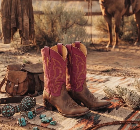 Pink Brown Western Leather Boots Women Size 38 UK 5, Rustic Genuine Leather Shoes Boho