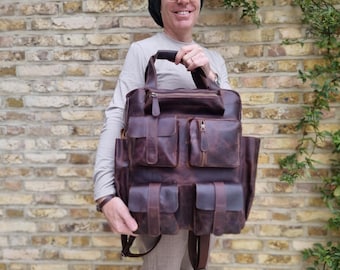 Full Grain Leather Hiking Backpack: Vintage Oversize Travel Rucksack