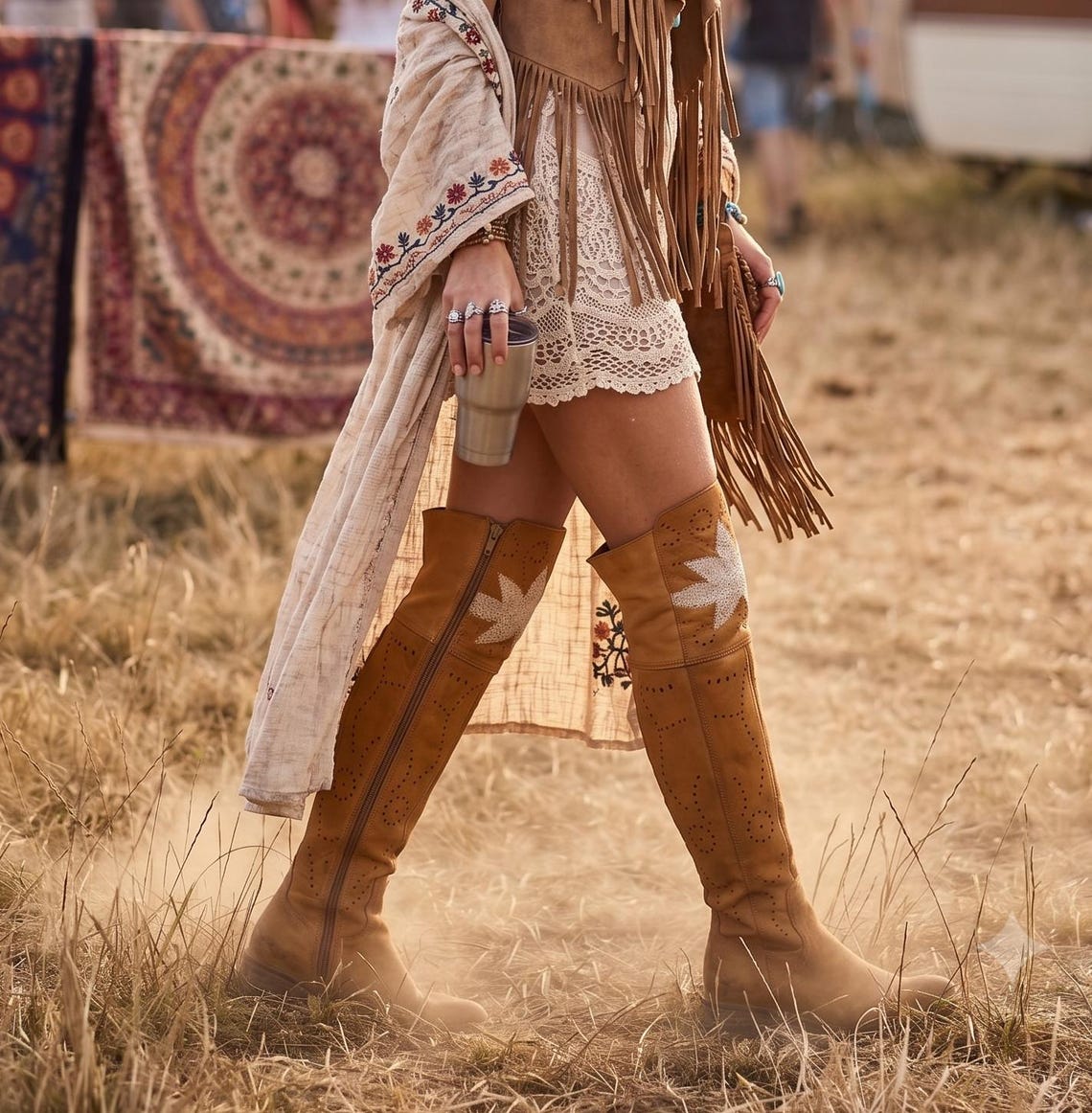 Embroidered Over-the-Knee Leather Boots: Boho Hippie Festival Style (EU 37 / UK 4 / US 6), photo 3 sur 5