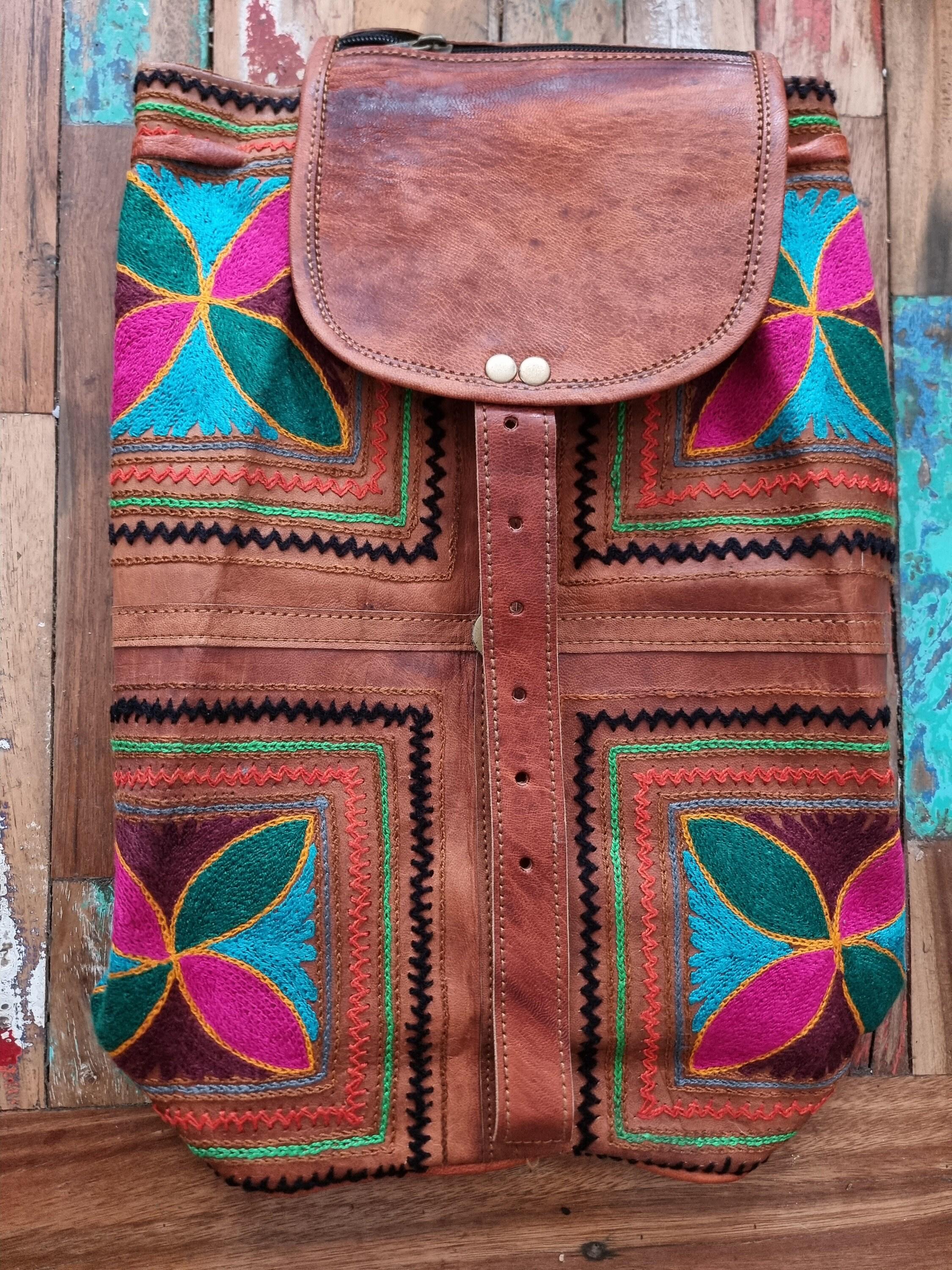 Kueros & Mas Womens Embroidered Leather Mini Backpack Sm Red Boho Festival Embroidered Backpack - Mini Backpack- Backpack - Purse  main image 4