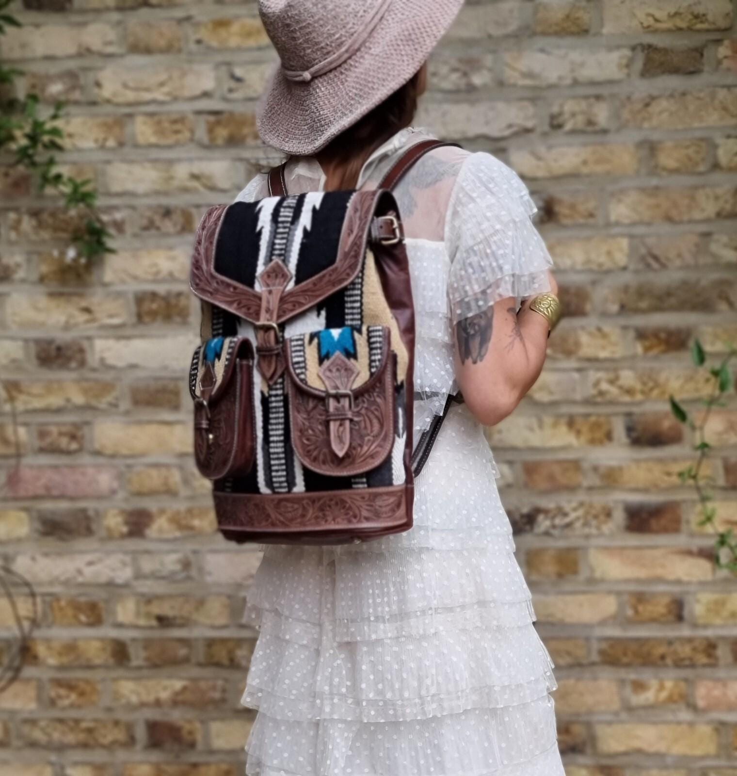 Handwoven Textile & Leather Backpack | Artisan Boho Drawstring Bag This new leather backpack is a great carry-all style bag for  main image 2