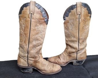 Vintage Leather Cowboy Boots: Women's US 7.5, Beige & Tan