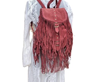 Suede Fringed Backpack Backpack With Fringes Red Suede  display picture 2