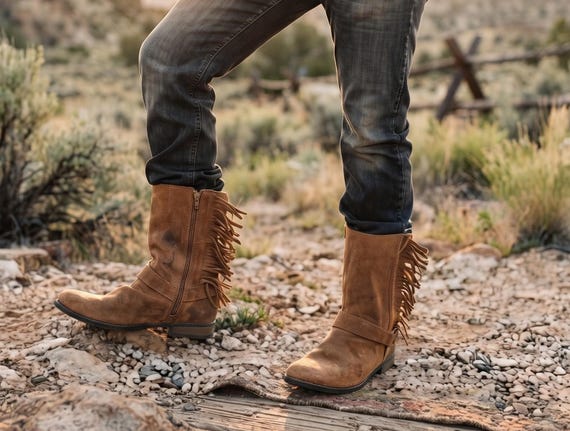 Rustic Western Fringe Leather Boots Men UK 11, Tan Brown Biker Ankle Boots US 12, Mens Work Boots 44, Cowboy Ranch Wear