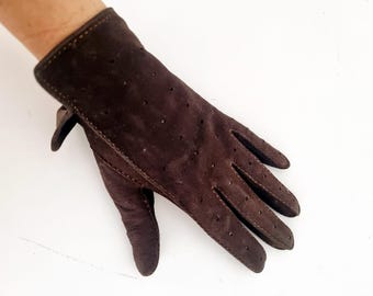 Vintage Dark Brown Leather Gloves: Soft Tooled Design, Size S-M