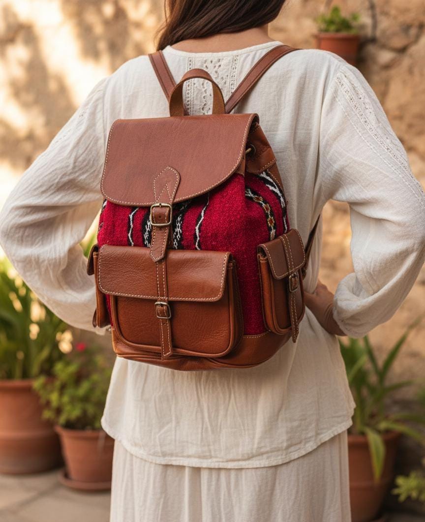 Vintage Moroccan Backpack, Boho Leather Rucksack, Aztec Carpet Travel Bag 70s