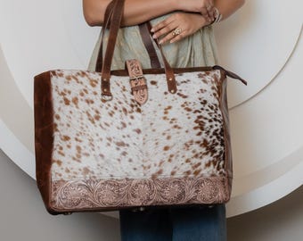 Oversize Cowhide Leather Tote Bag: Western Tooled Floral Carry-On