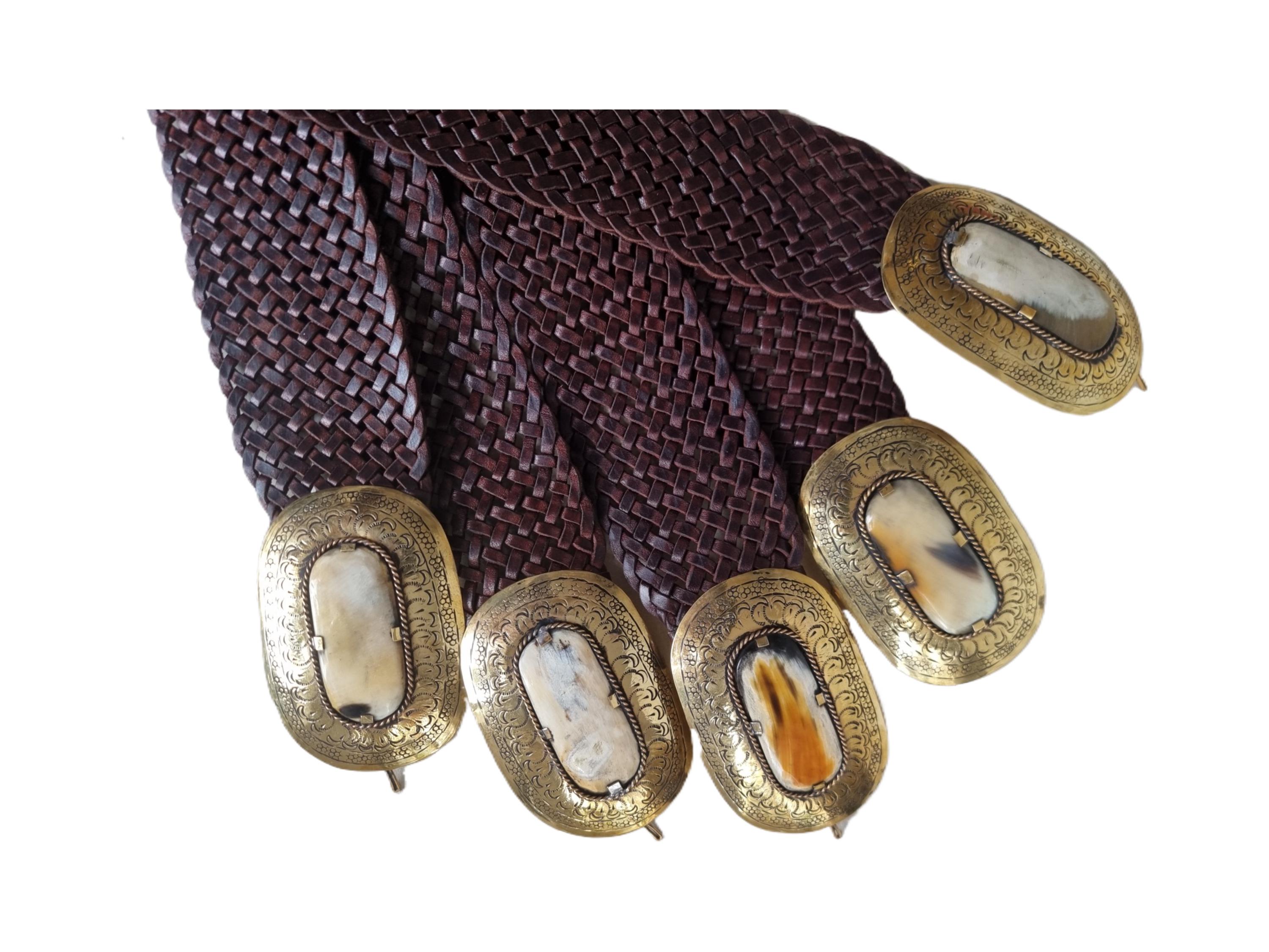 Wide Boho Woven Leather Stretchy Belt Brown with Brass Studs Women’s Size L/XL Brown Woven Leather Belt for Women 85 Cm 34 main image 4