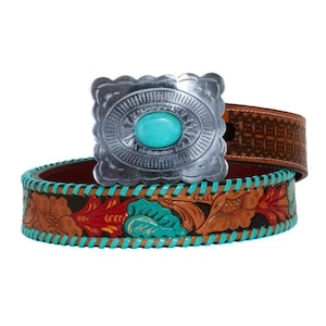 Floral tooled leather belt with western buckle and turquoise stone, vintage cowgirl belt, braided full grain leather