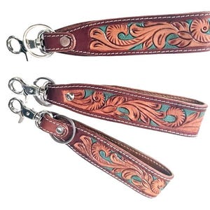 Floral tooled leather wrist lanyards, large western keychain, replacement wristlet bag strap, vintage cowgirl purse gift, car key fob