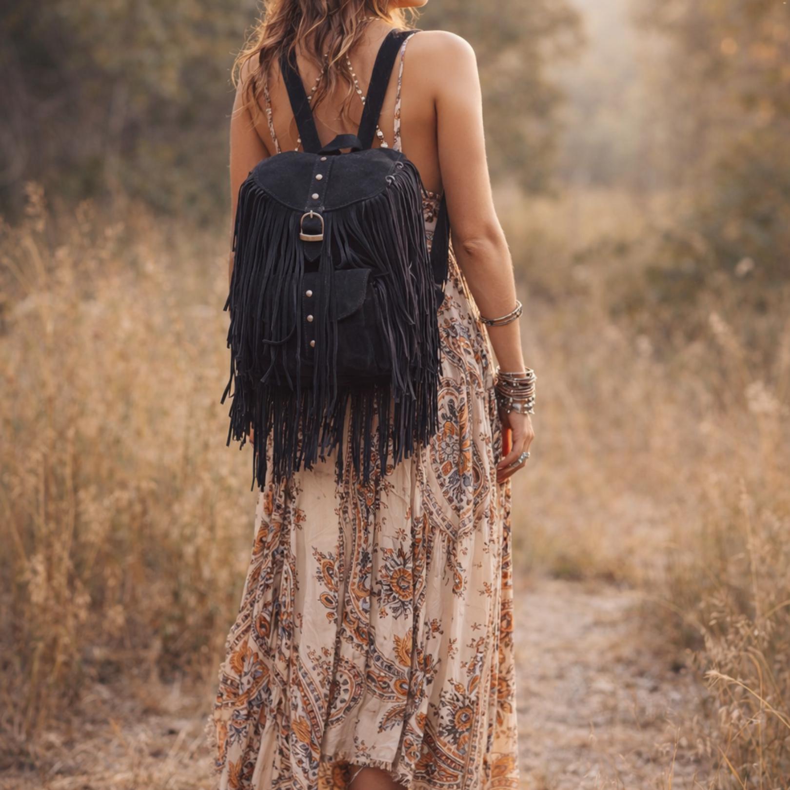 Pink Suede Fringe Backpack: Handmade Boho Festival Rucksack  display picture 1