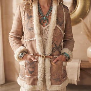 Vintage 1970s Shearling Coat S, Butterfly Leather Jacket, 70s Hippie Coat, Boho Sheepskin Winter Jacket, Festival Afghan Coat