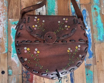 Vintage 70s Tooled Leather Saddle Bag: Embossed Floral Hippie Purse