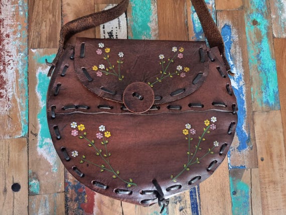 Vintage 70s Tooled Leather Saddle Bag: Embossed Floral Hippie