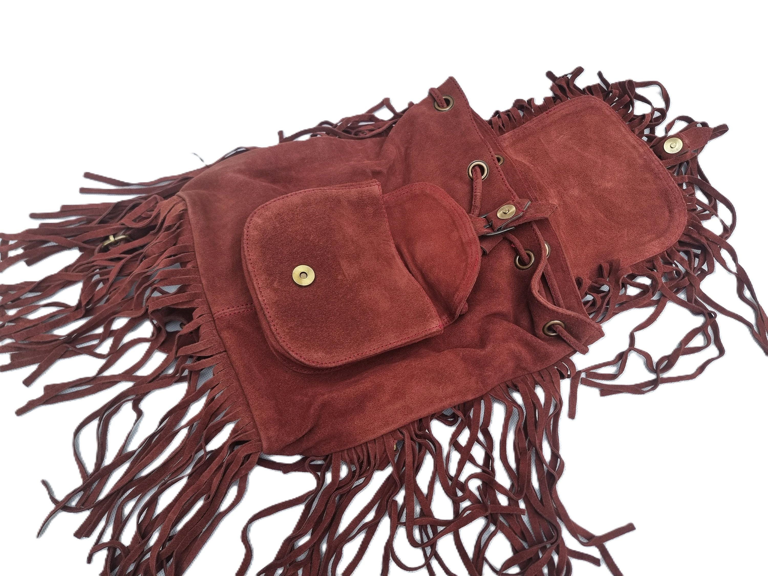 Boho Cognac Suede Fringe Backpack Whipstitch Medallion Festival Bag Handmade Suede Fringe Backpack: Boho Festival Rucksack - Etsy main image 2