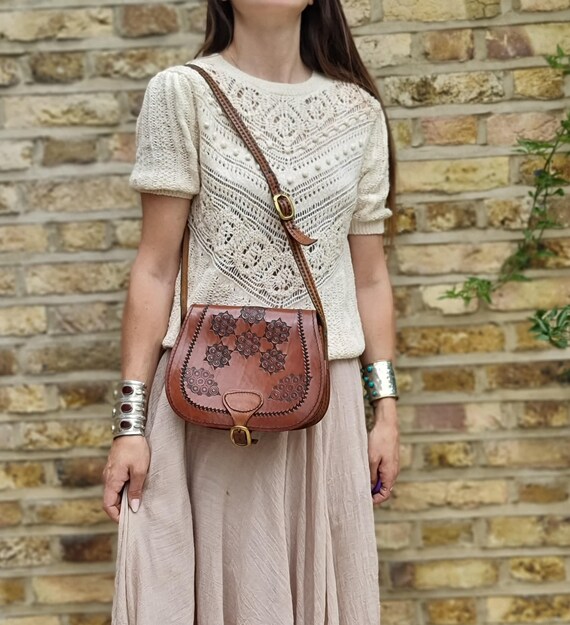 Unique 70s Style Tooled Leather Bag - Hand-embossed Boho Shoulder