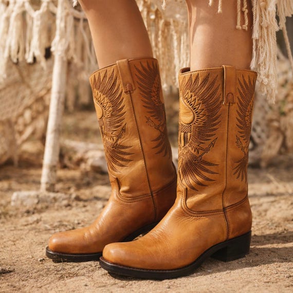 Vintage Tooled Tan Leather Biker Boots UK 8.5, Western Boots Men, Eagle Design Knee High Motorcycle Boots Women 42.5, American Workwear