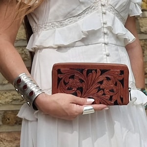 Tooled Leather Long Wallet: Vintage Floral Zip-Around Purse