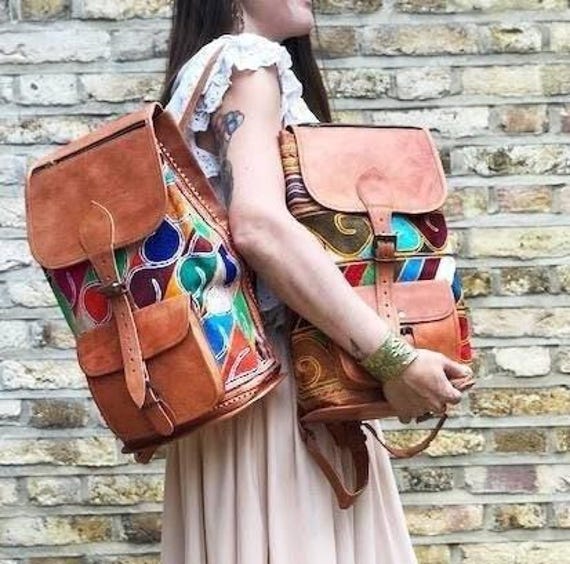Hand Embroidered Leather Backpack: Bohemian Travel Bag - Etsy display picture 1