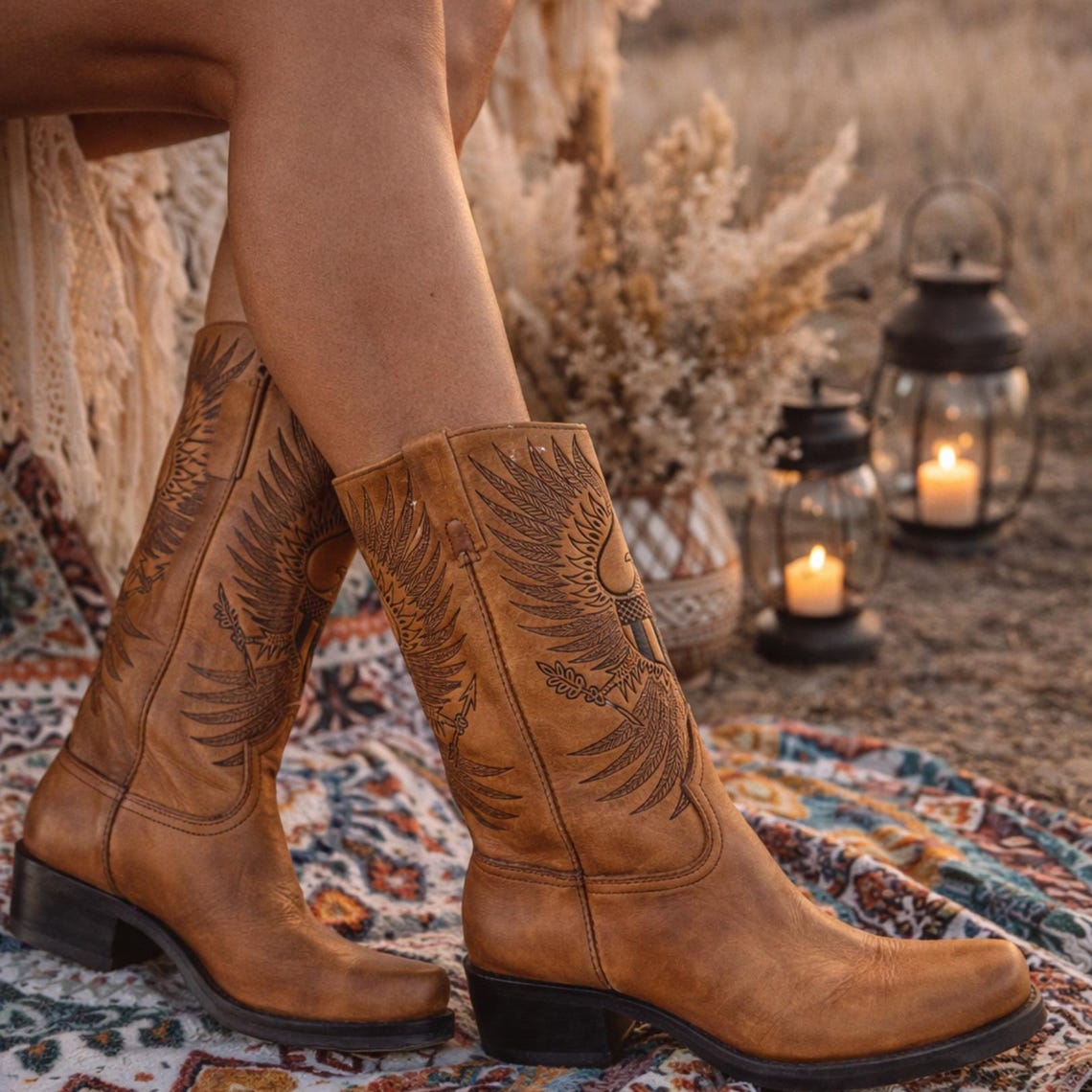 Vintage Tooled Tan Leather Biker Boots UK 8.5, Western Boots Men, Eagle Design Knee High Motorcycle Boots Women 42.5, American Workwear, foto 2 di 5
