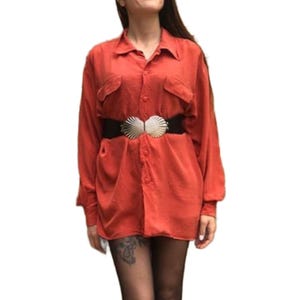 Coral red silk blouse xl, 1980s vintage shirt 18, men&#39;s silk blouse, long sleeve buttoned shirt women, oversize boyfriend top pastel