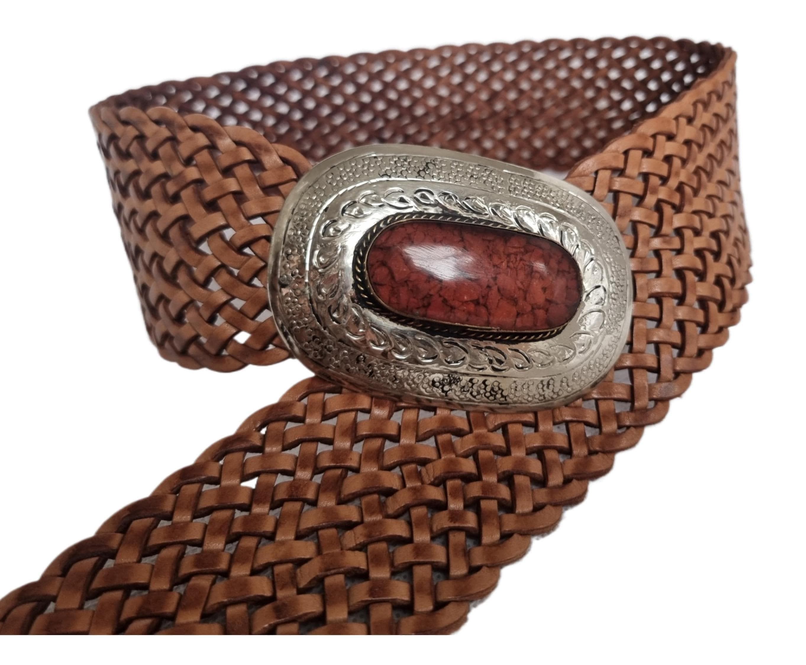Wide Braided Leather Belt: Silver Western Buckle, Boho Style  display picture 2