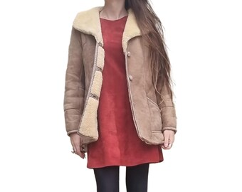 Vintage 70s Sheepskin Leather Coat: Boho Winter Jacket, Size S